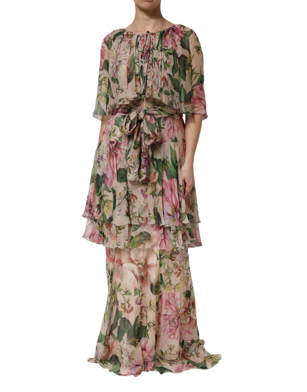 Multicolor floral silk layered maxi dress-null