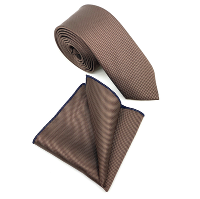Textured wide tie with handkerchief, Brown, medium