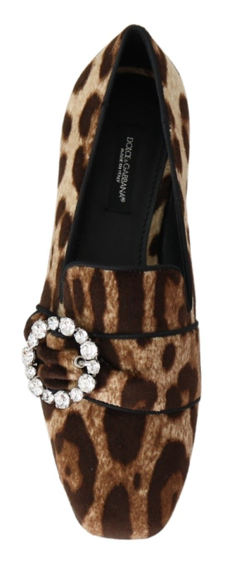 Brown leopard print crystals loafers flats shoes-null
