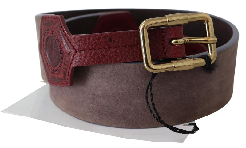Brown leather wide gold chrome logo buckle belt-null