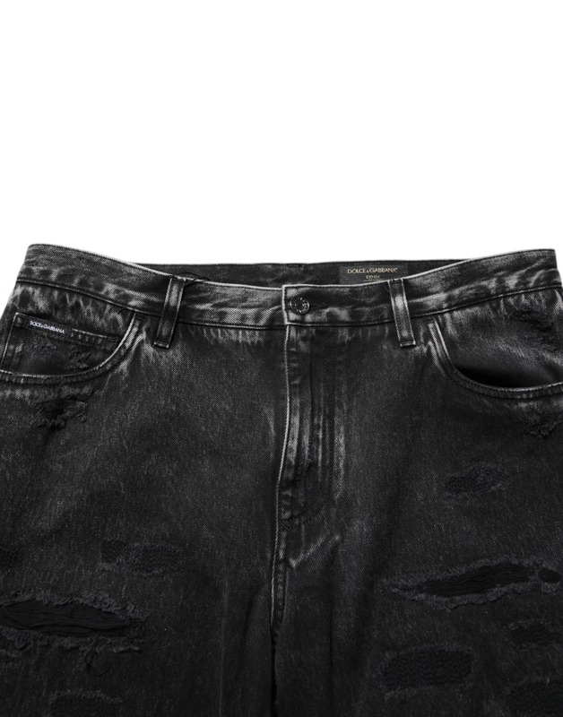 Black washed ripped loose cotton denim jeans-null