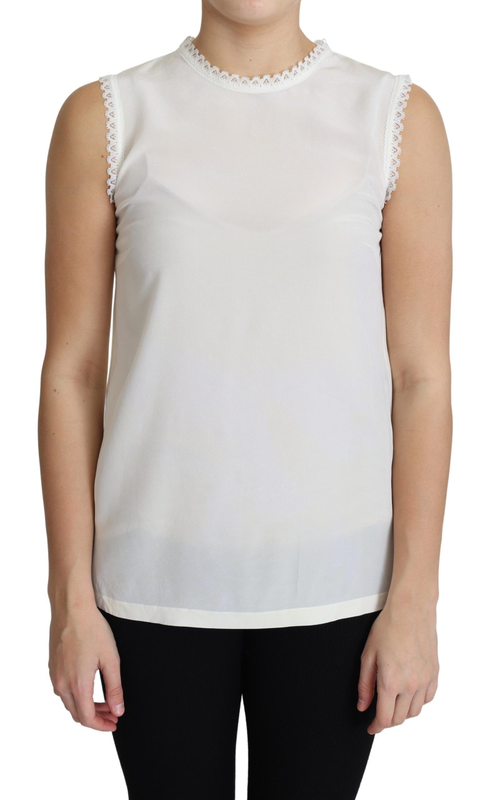 White blouse silk lace trimmed sleeveless top-null