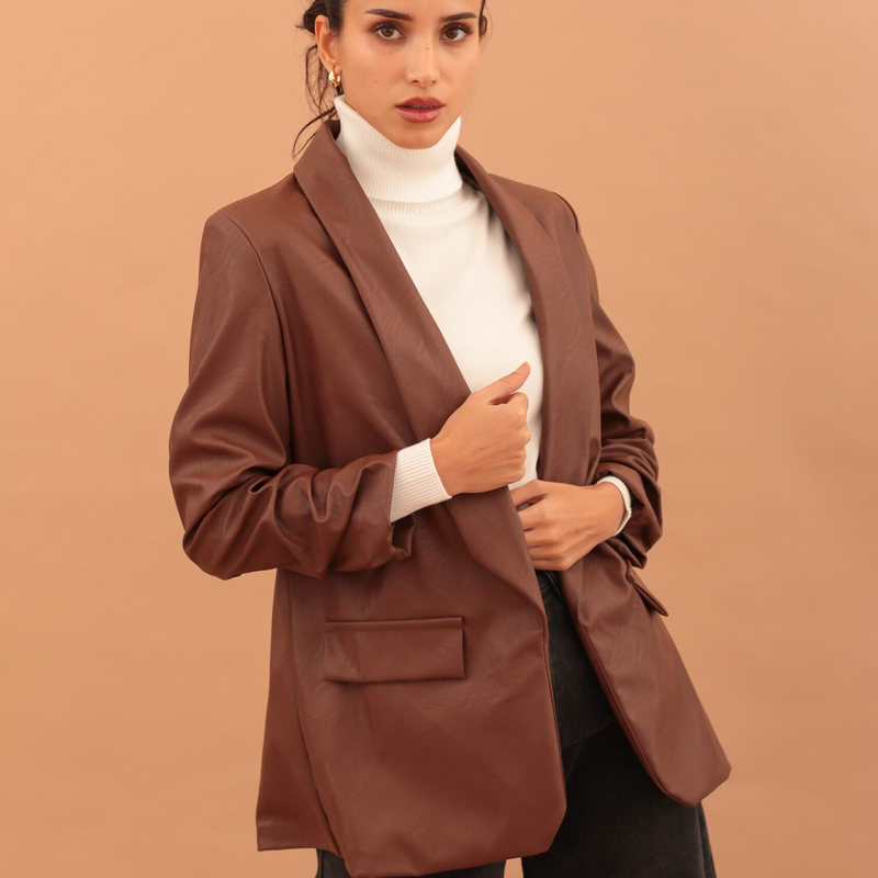 Mirabel faux leather ruffle sleeve blazer - brown - m-null