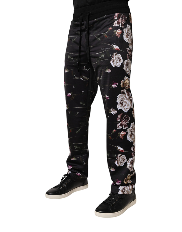 Black floral polyester jogger pants-null