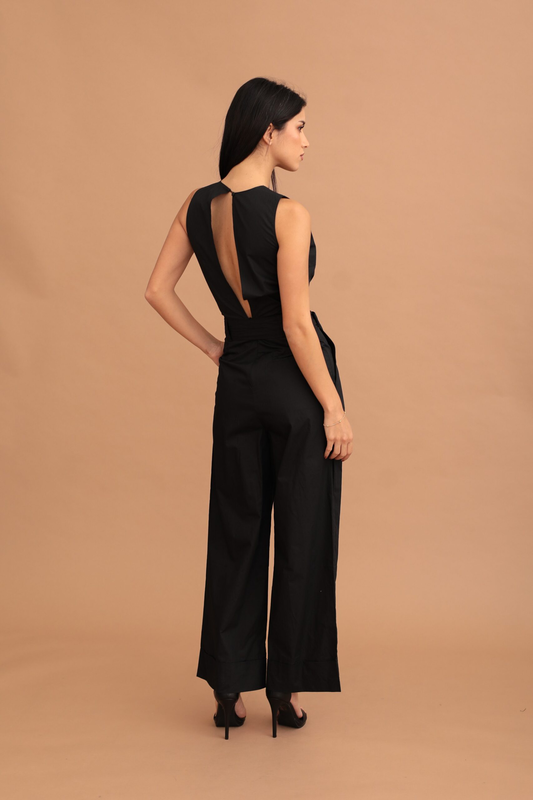 Lucia slit-back cotton jumpsuit - black-null