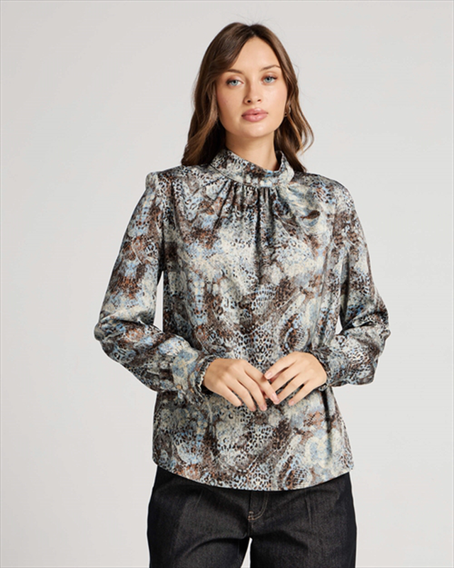 Blouse printed ruched mock neck-null
