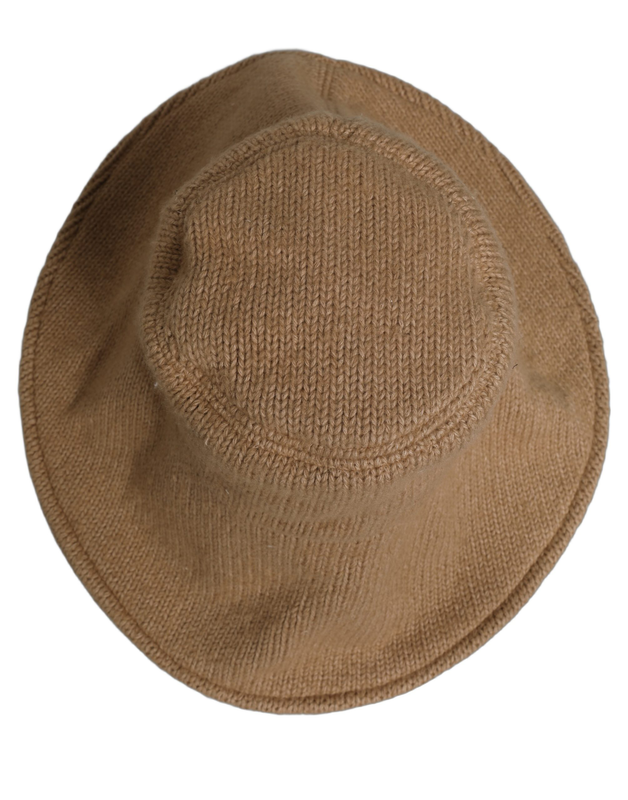 Women brown cotton knit widebrim bucket capello hat-null