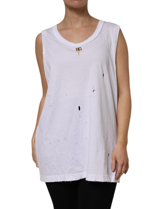 White cotton sleeveless round neck tank top-null