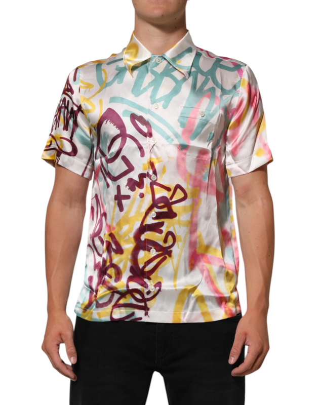White silk hawaiian graffiti print men casual shirt-null