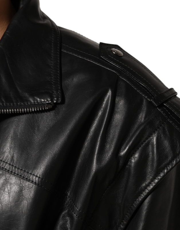 Black leather full zip biker blouson jacket-null