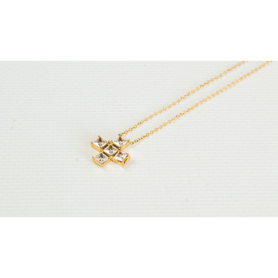 Squared Cross Necklace with White Crystals, Gold, medium