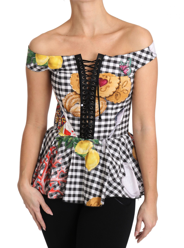 Black and white corset blouse sicily lemon check top-null