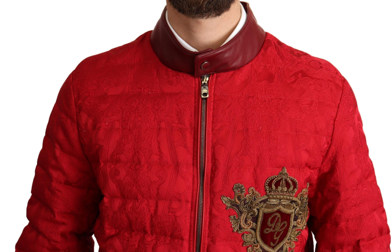 Red brocade bomber gold crown logo coat jacket-null