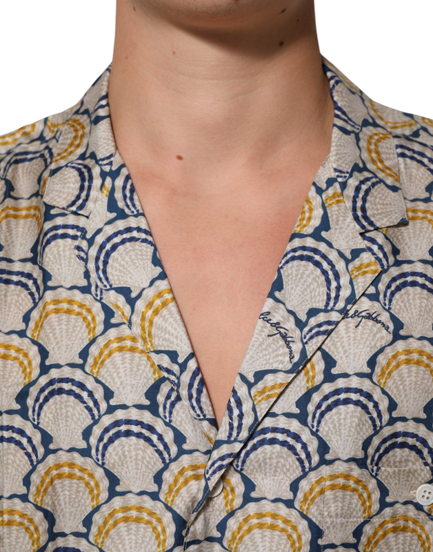 Cream cotton silk hawaii scallop shell print shirt-null