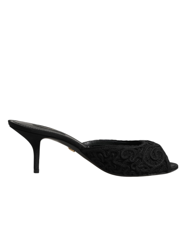 Black embroidered slip on heels slides shoes-null