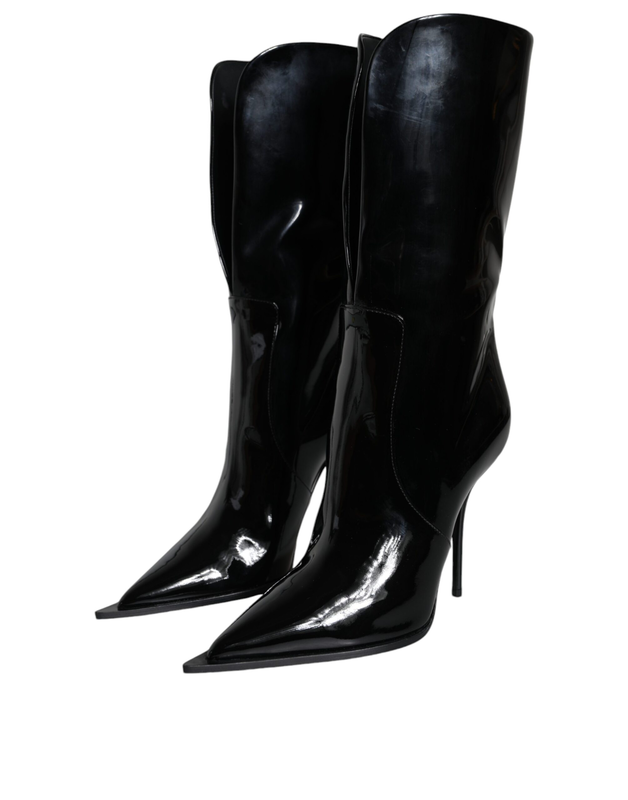 Black patent leather mid calf boots shoes-null