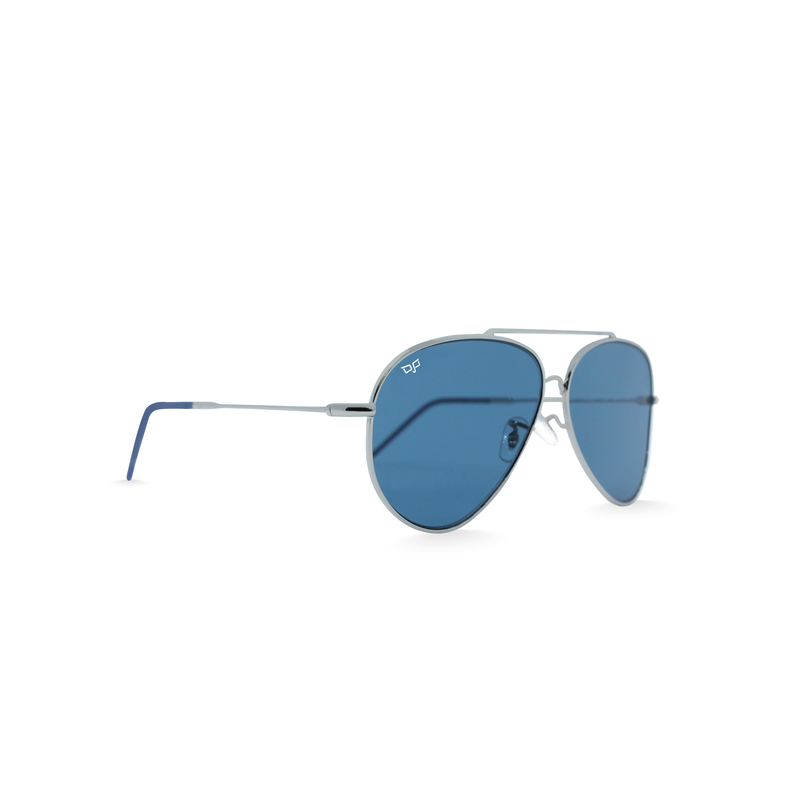 OJO sunglasses e. Silver 60-12 frame and temples with handmade tips and nylon blue reverse lenses rx-null