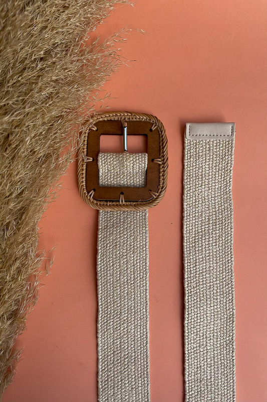 Wooden square buckle straw belt beige image number null