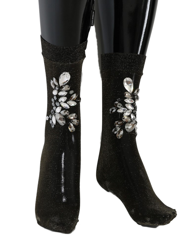 Black stretch floral clear crystal socks-null