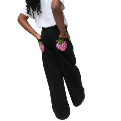 Denim trouser with strawberry pocket, Black / Pink, medium