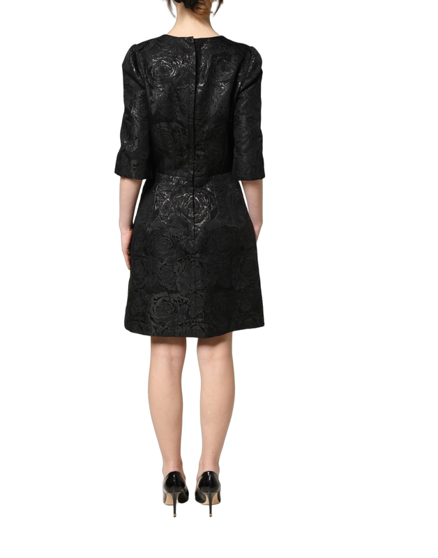 Black floral jacquard flared a-line dress-null