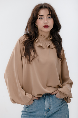 High frilled colar blouse beige, Beige, medium