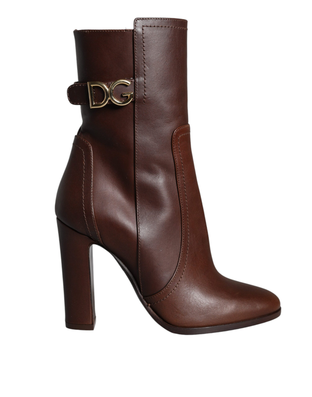 Brown leather heels mid calf boots shoes-null