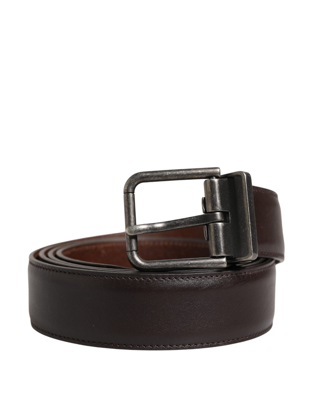 Men brown classic leather metal buckle belt-null