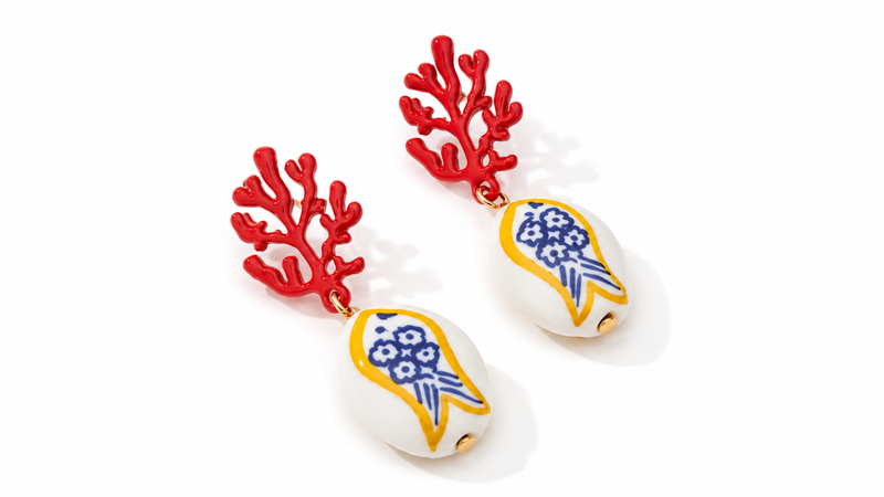 Coral & ceramic fish statement earrings-null