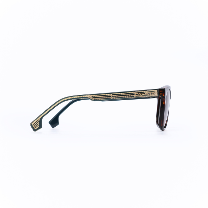 OJO sunglasses square handmade shell brown frame and blue gold temples with brown polarised lenses-null