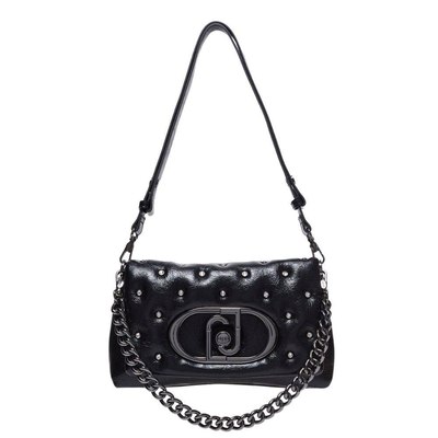 Large glossy studded lapuffy crossbody, Black, medium