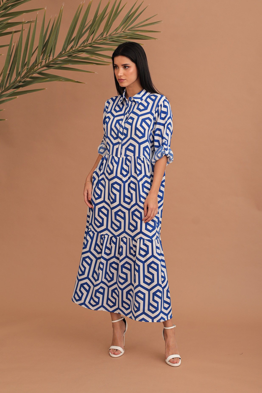 Freya geometric pattern dress - blue-null