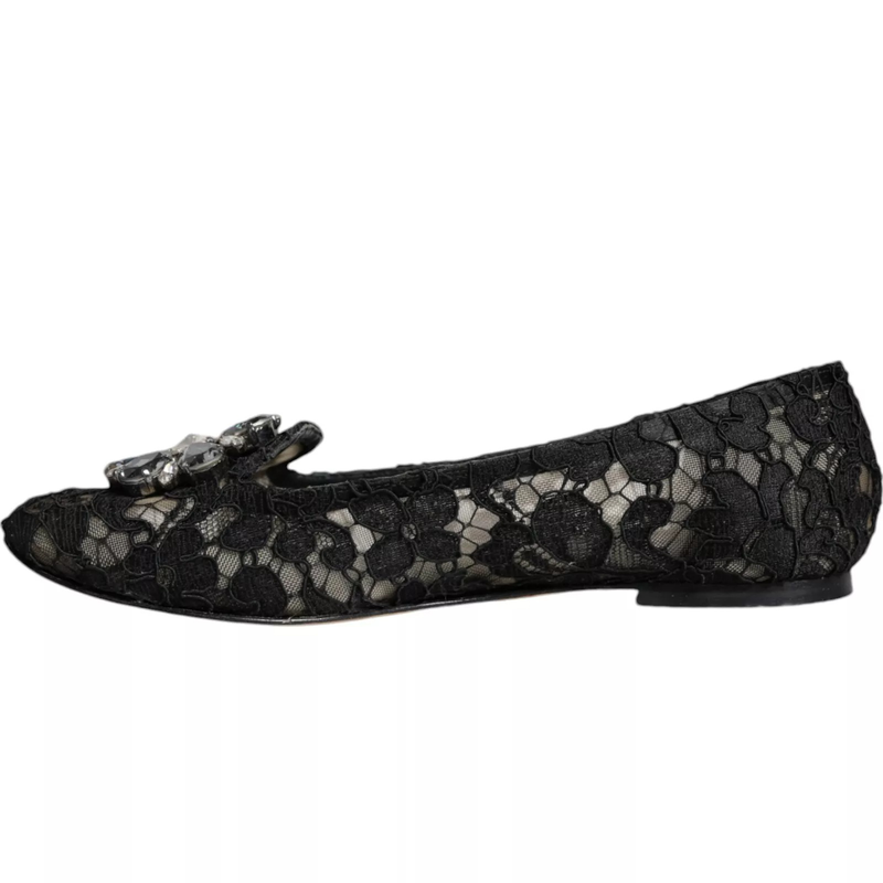 Black lace crystal ballet flats loafer shoes-null