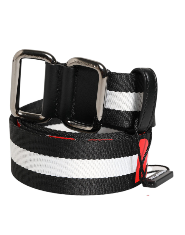 Black white striped logo metal buckle belt-null