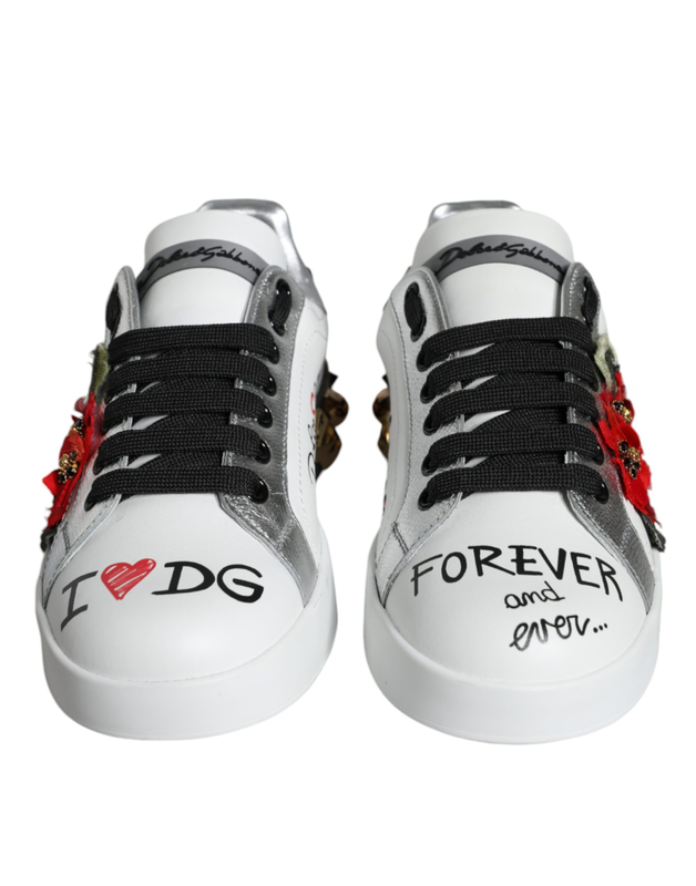 White leather floral studded sneakers shoes-null