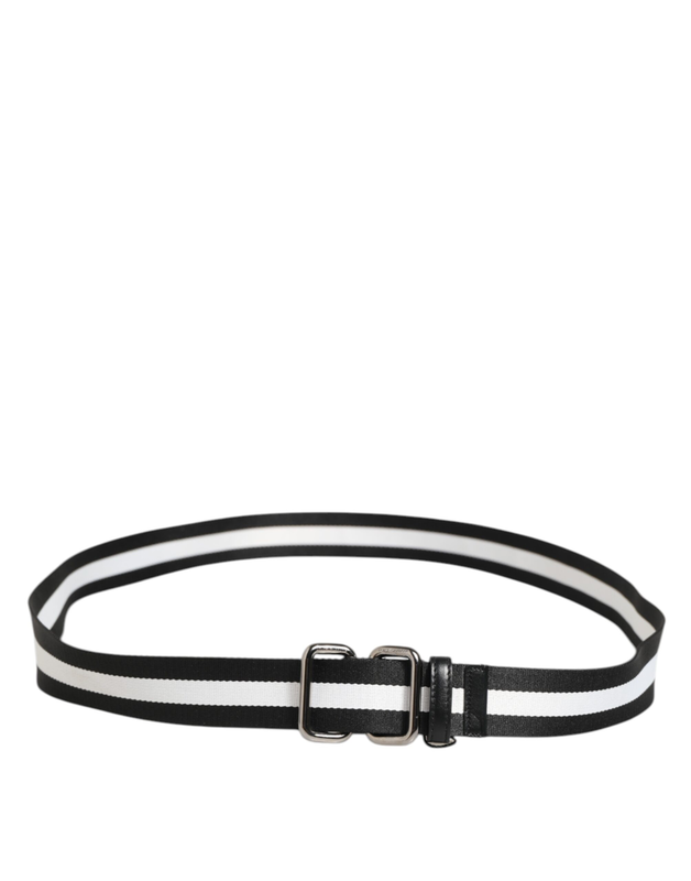 Black white striped logo metal buckle belt-null