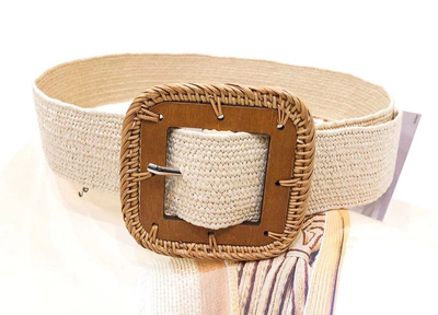 Wooden square buckle straw belt beige
