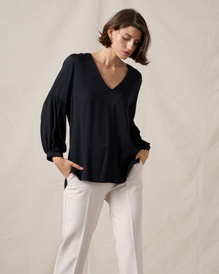 Blouse cotton balloon long sleeve, Black, medium
