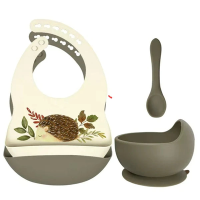 Set of silicone bibs + bowl with suction cup and spoon - hedgehog sage