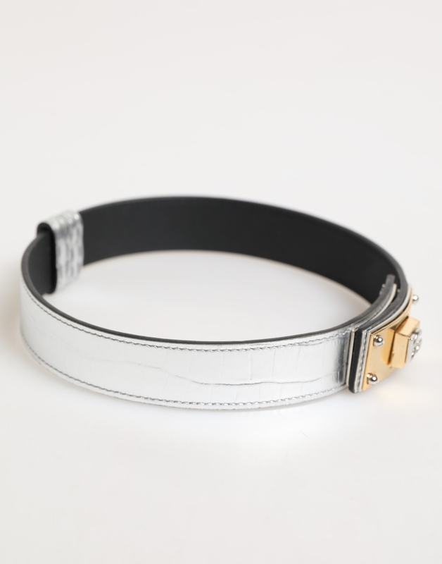 Silver textured leather gold tone metal neckband-null