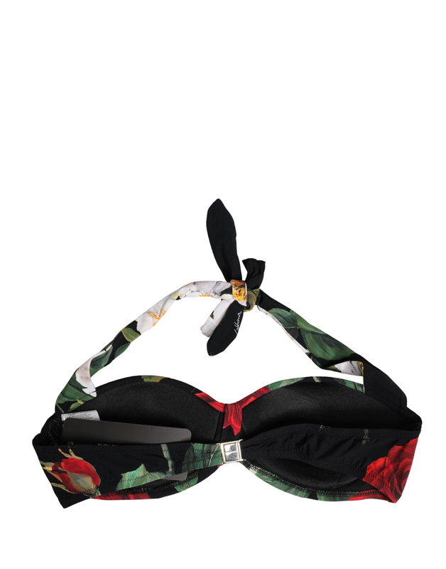 Black floral padded halter bikini top swimwear-null