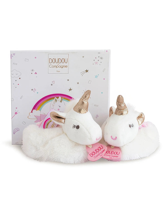Doudou et compagnie new born gift box unicorn baby slippers with rattle