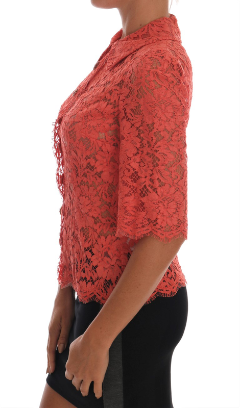 Orange crystal buttons floral lace blouse-null