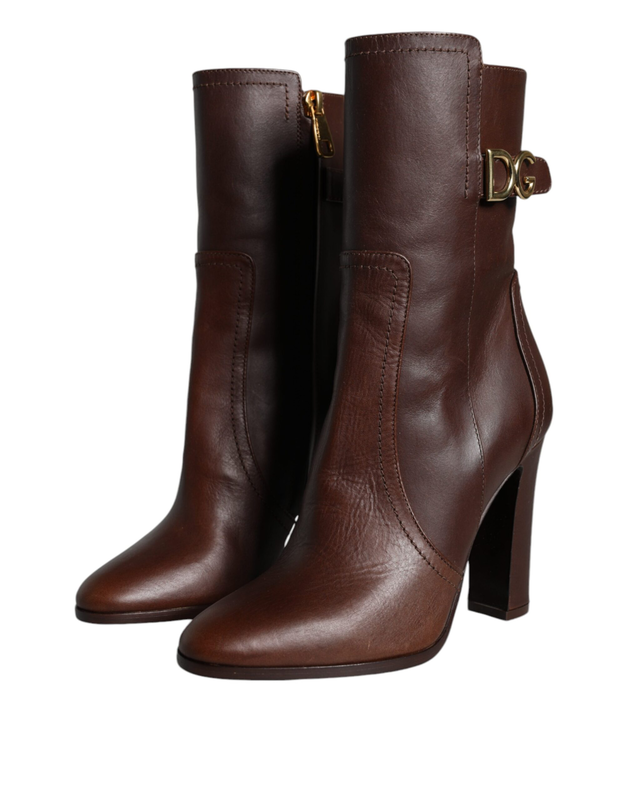Brown leather heels mid calf boots shoes-null
