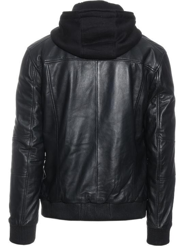 Bomber style leather hoodie jacket image number null