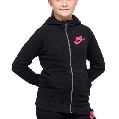 Girls sportswear modern hoodie fz, Black / Hyper Pink, medium