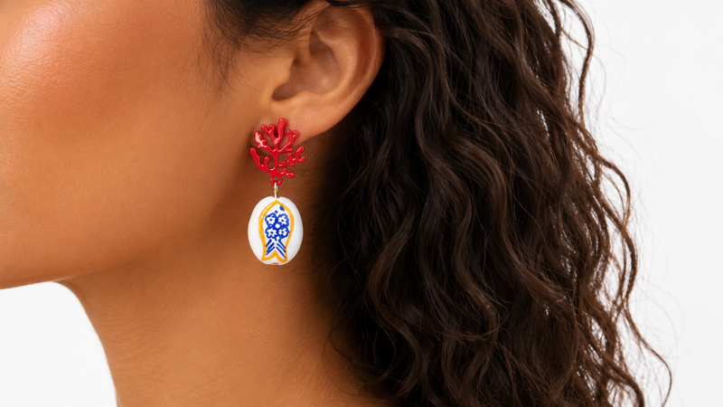 Coral & ceramic fish statement earrings-null