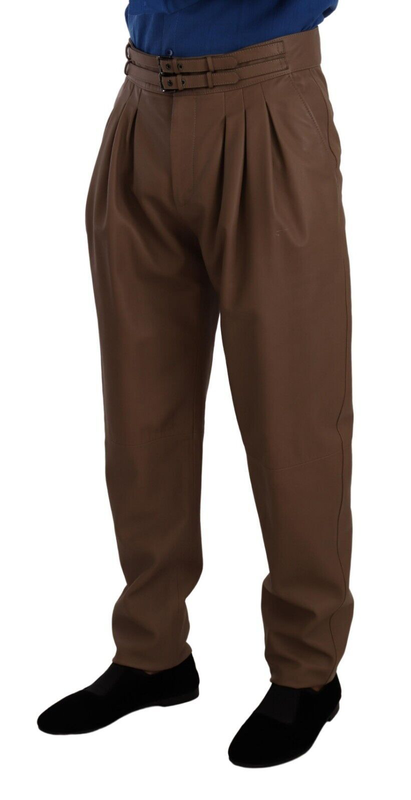 Brown leather tapered high waist pants-null