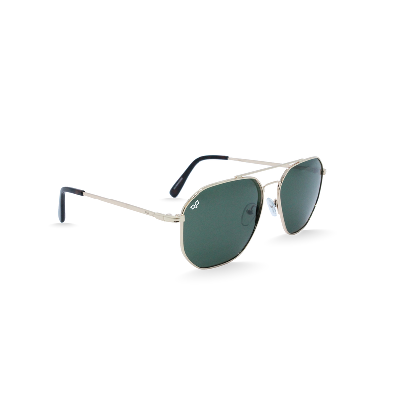 OJO sunglasses square gold frame and temples with green polarised lenses rx-null