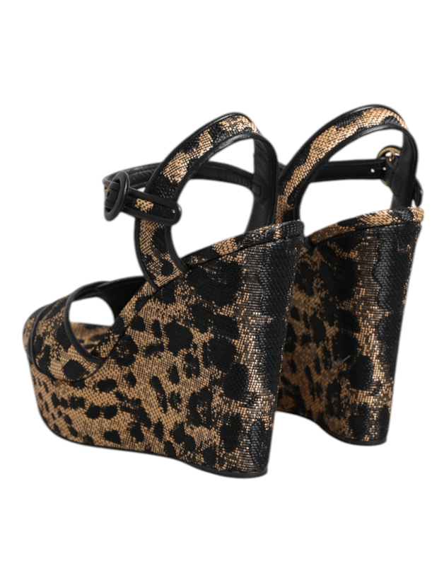 Brown leopard wedges ankle strap sandals shoes-null
